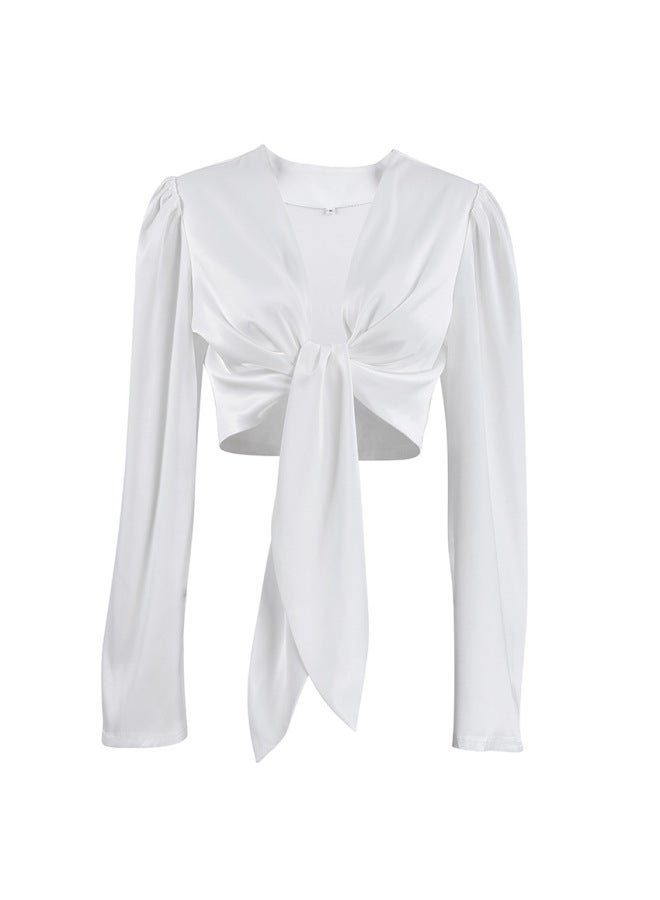 New Autumn Satin Design Niche Bow Blouse Short Style Shirt High-end Sense Commute Versatile Women's - Image 5
