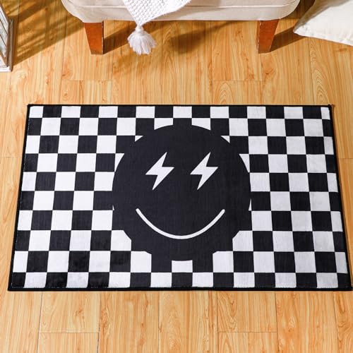Demissle Smile Face Rug Preppy Check Buffalo Plaid Funny Rug for Bedroom Contemporary Checkered Carpet Preppy Room Decor Reversible for Living Room Bedroom Dormitory PorchBlack and White