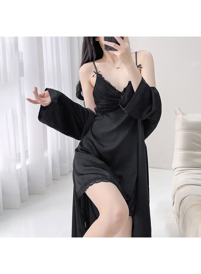 LANG SHA Langsha Women's Spring/summer Ice Silk Sling Nightgown Long Sleeve Robe Two-piece Set High-end Thin - Image 5