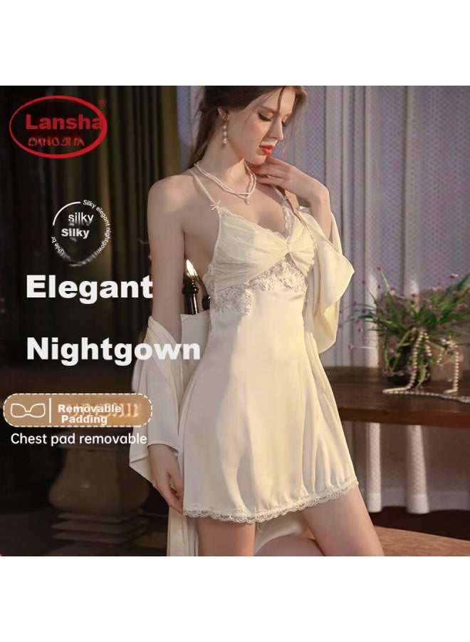 LANG SHA Langsha Women's Spring/summer Ice Silk Sling Nightgown Long Sleeve Robe Two-piece Set High-end Thin - Image 1