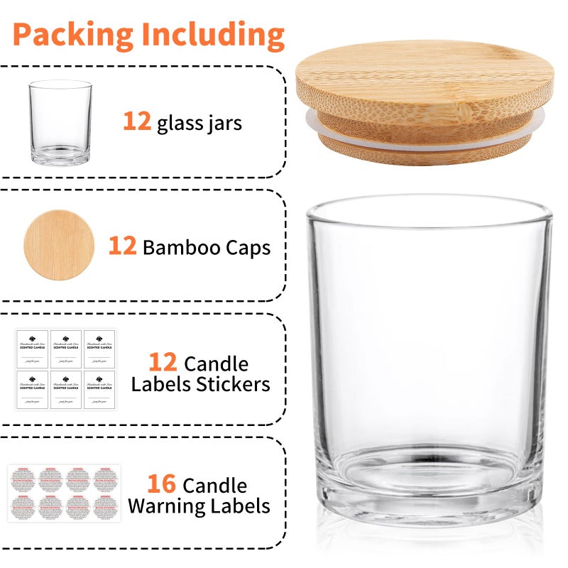 SUPMIND 12 Pack Glass Candle Jars-10oz Clear Empty Candle Jars with Bamboo Lids and Sticky Labels, Bulk Candle Jars for Making Candles Containers - Dishwasher Safe - Image 3