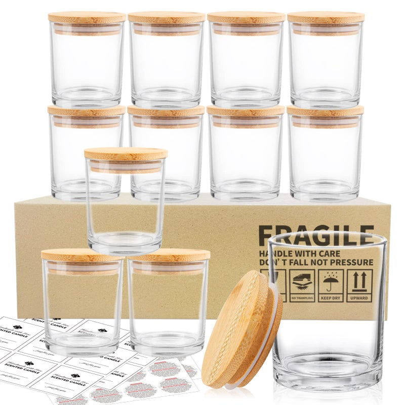SUPMIND 12 Pack Glass Candle Jars-10oz Clear Empty Candle Jars with Bamboo Lids and Sticky Labels, Bulk Candle Jars for Making Candles Containers - Dishwasher Safe - Image 1