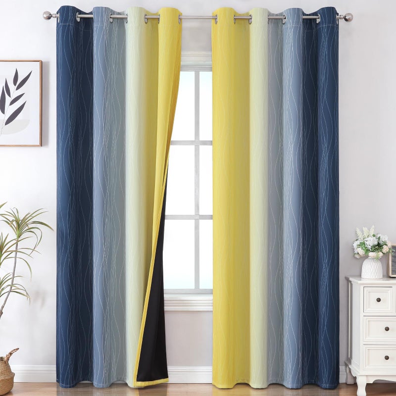 Estelar Textiler Navy Blue and Yellow Gradient Blackout Curtains for Bedroom  Thermal Insulated Ombre Blackout Drapes  Full Light Blocking Energy Saving Curtains for Living Room 52Wx96L 2 Panels - Image 1