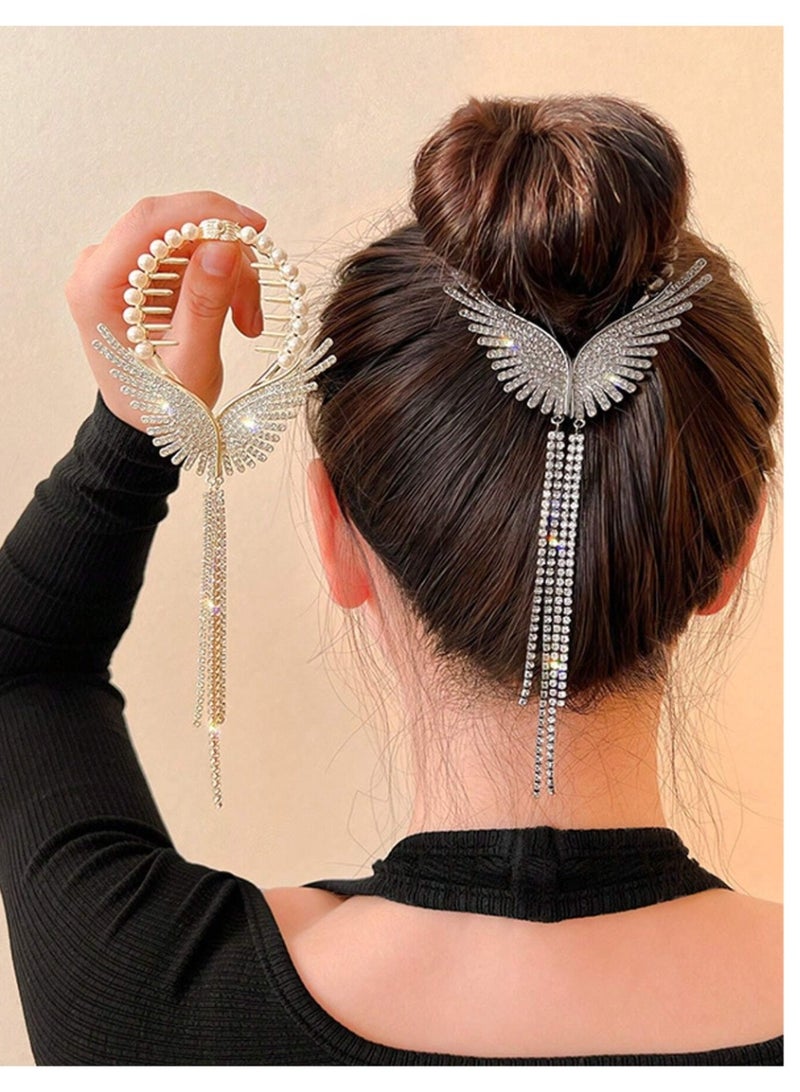 SHEIN1pc Tassel Hair Clip, Angel Wing & Bow Series Hair Accessories, Alloy Inlaid Faux Pearl & Rhinestone,… - Image 2