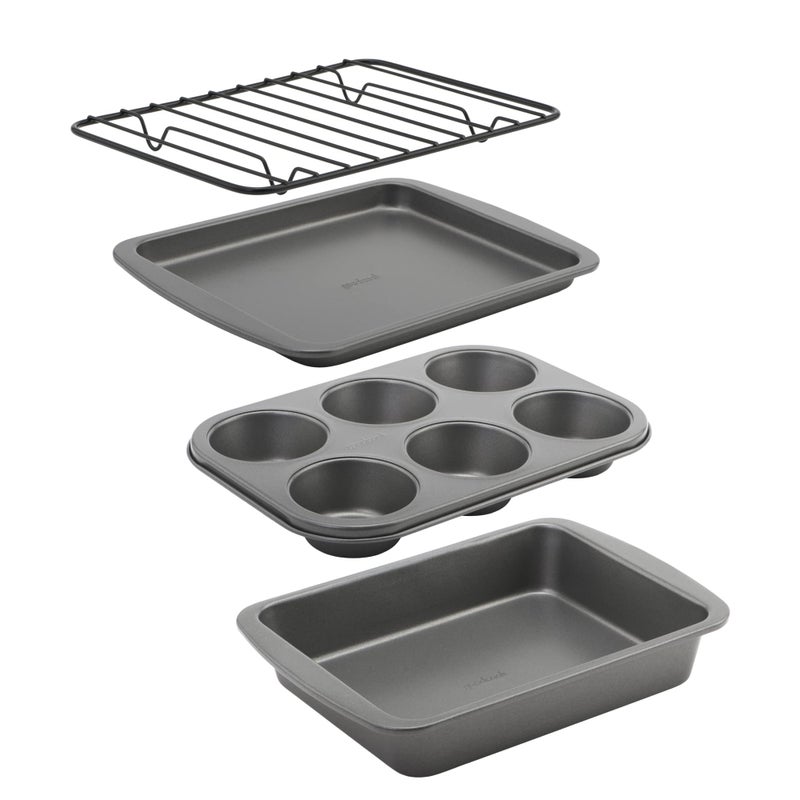 GoodCook GoodCook 4Piece Nonstick Steel Toaster Oven Set with Sheet Pan Rack Cake Pan and Muffin Pan Gray 4Piece Set Distributes Heat Evenly Nonstick Coating DishwasherSafe 