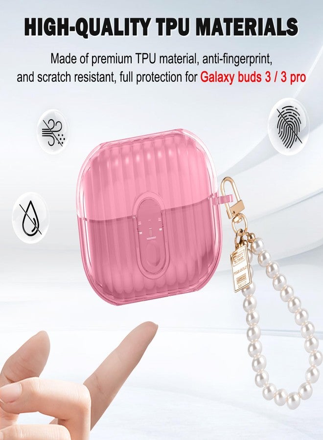 CameCosy حافظة CameCosy الشفافة لسماعات Samsung Galaxy Buds 3 / Galaxy Buds 3 Pro مع تصميم قفل آمن، حافة TPU ناعمة، غلاف مضاد للصدمات مع سلسلة مفاتيح من اللؤلؤ للنساء (وردي) - Image 5