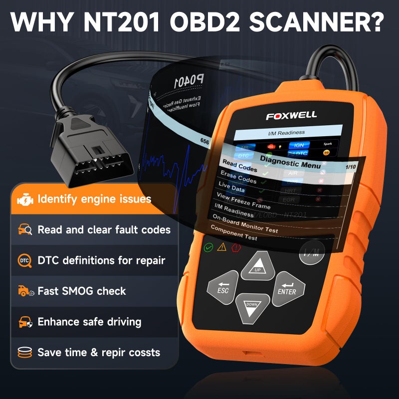 Foxwell ماسح الأكواد FOXWELL NT201 OBD2 للسيارات والشاحنات لفحص ضوء المحرك، قراءة ومسح الأكواد الخاطئة، أداة تشخيص بيانات حية لجميع السيارات بعد 1996 - Image 2