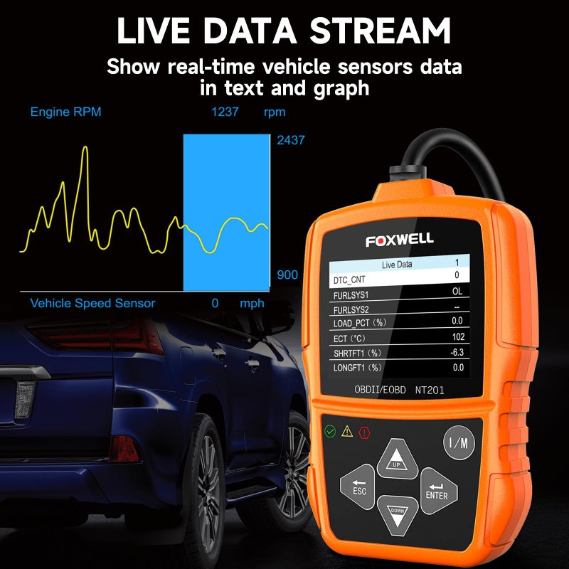 Foxwell ماسح الأكواد FOXWELL NT201 OBD2 للسيارات والشاحنات لفحص ضوء المحرك، قراءة ومسح الأكواد الخاطئة، أداة تشخيص بيانات حية لجميع السيارات بعد 1996 - Image 5
