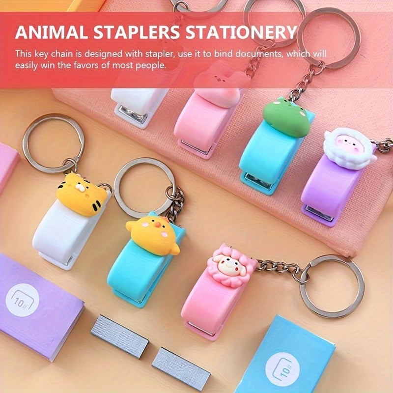 9 Mini Animal Shaped Staplers With Keychain Design And 3 Boxes Of Staples Lightweight Portable For Office Binding Desktop Decoration School Supplies - Image 3