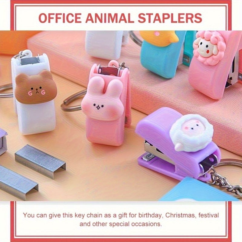 9 Mini Animal Shaped Staplers With Keychain Design And 3 Boxes Of Staples Lightweight Portable For Office Binding Desktop Decoration School Supplies - Image 4