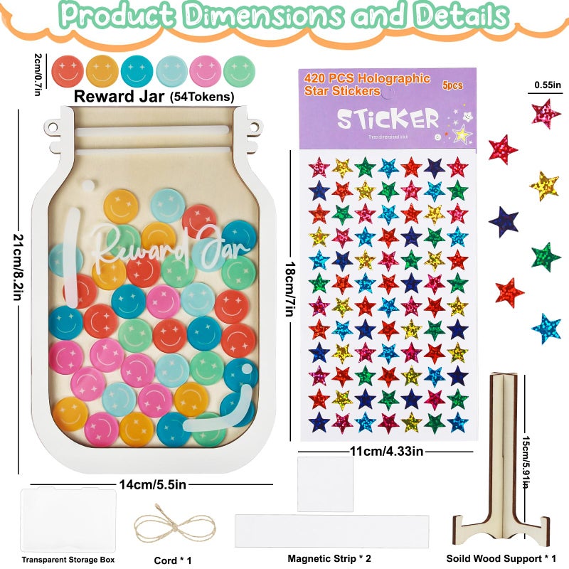 Herda [Upgrade]Herda Magnetic Reward Jars for Kids with 54Pcs Smiley Tokens & 420 Holographic Star Stickers for Kids,Behavior Chart for Classroom,Reward Chart for Kids,Potty Training Chore Reward System - Image 2