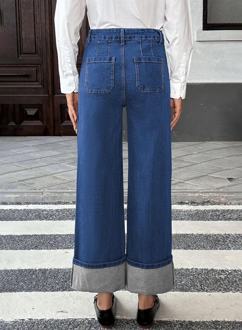 EVALESS Jeans for Women Trendy 2026 High Waisted Cuffed Wide Leg Jean Loose Baggy Denim Pants Sail Blue Size 16 - Image 2