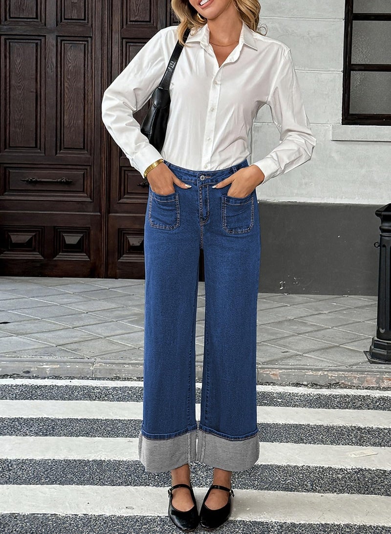 EVALESS Jeans for Women Trendy 2026 High Waisted Cuffed Wide Leg Jean Loose Baggy Denim Pants Sail Blue Size 16 - Image 3