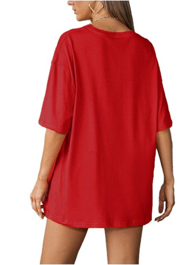 Nileton - T-Shirt Drop Shoulder Oversized - Red - Cotton - For Women - Image 1