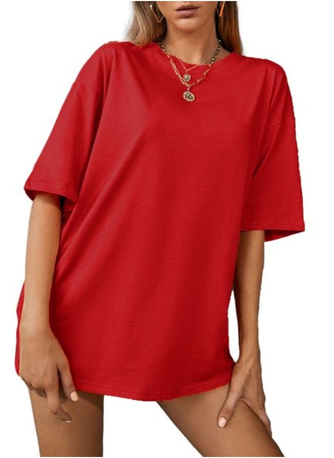 Nileton - T-Shirt Drop Shoulder Oversized - Red - Cotton - For Women - Image 1