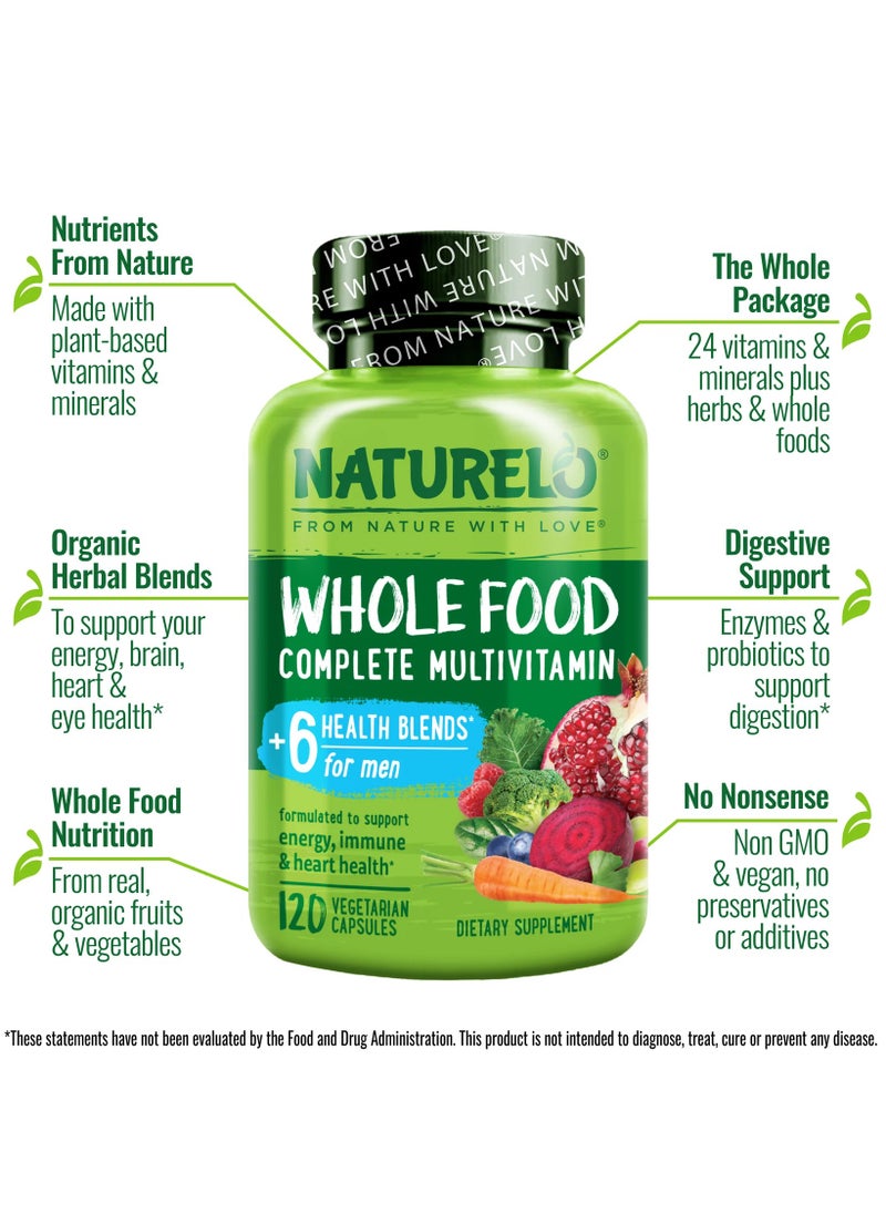NATURELO - Whole Food Complete  Multivitamin +6 Health Blends For Men,Formulated To Support Energy, Immune And Heart Health -120 Vegetarian Capsules - Image 1
