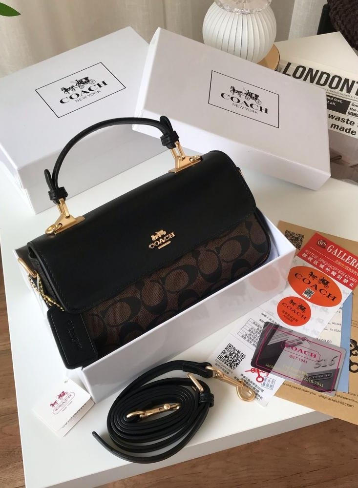 coachoutlet Coach Mini Josie Top Handle Crossbody In Blocked Signature Canvas, Women's Shoulder Bag, Women's Tote Bag, Women's Hand Bag,Women's Cross Body Bag, Women's Wallet, Women's Travel Bag, Walnut-Black-20cm - Image 3