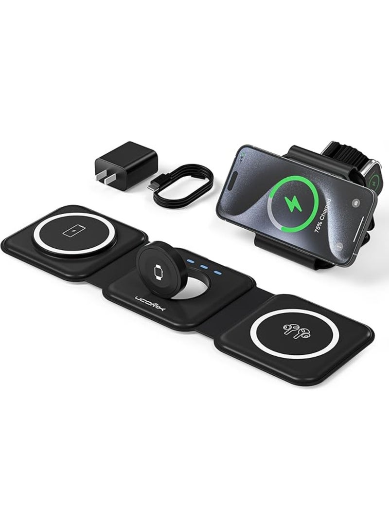 YelaJoy 3 in 1 Charging Station for Multple Devices,Foldable 3 in 1 Wireless Charger for Travel,Nano Wireless Charging Station for iPhone，AirPod-Black  - Image 1