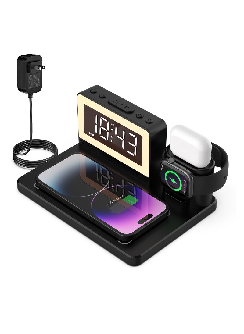 SYOSI - Wireless Charging Station, 5 in 1 Wireless Charging Dock with Alarm Clock and 7 Color Night Light, 15W Fast Charger for iPhone15/14/13/12/11/X Series for Samsung Phone for Apple Watch for - Image 1
