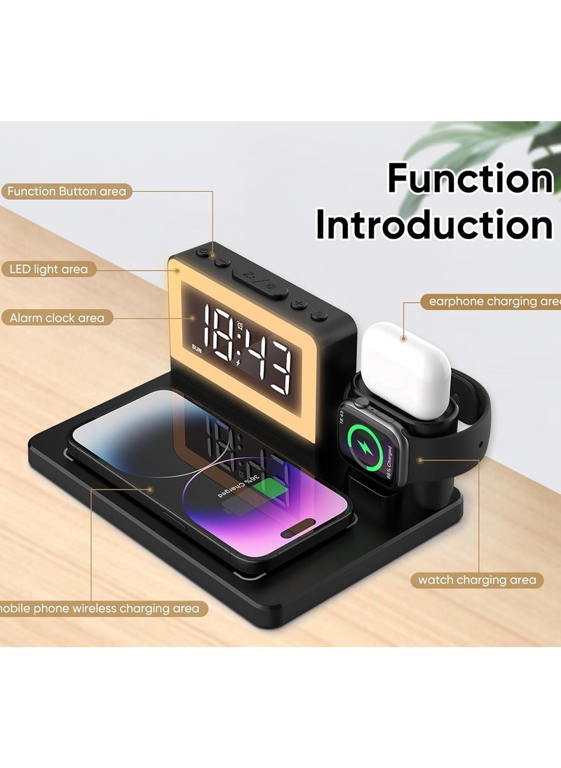 SYOSI - Wireless Charging Station, 5 in 1 Wireless Charging Dock with Alarm Clock and 7 Color Night Light, 15W Fast Charger for iPhone15/14/13/12/11/X Series for Samsung Phone for Apple Watch for - Image 1