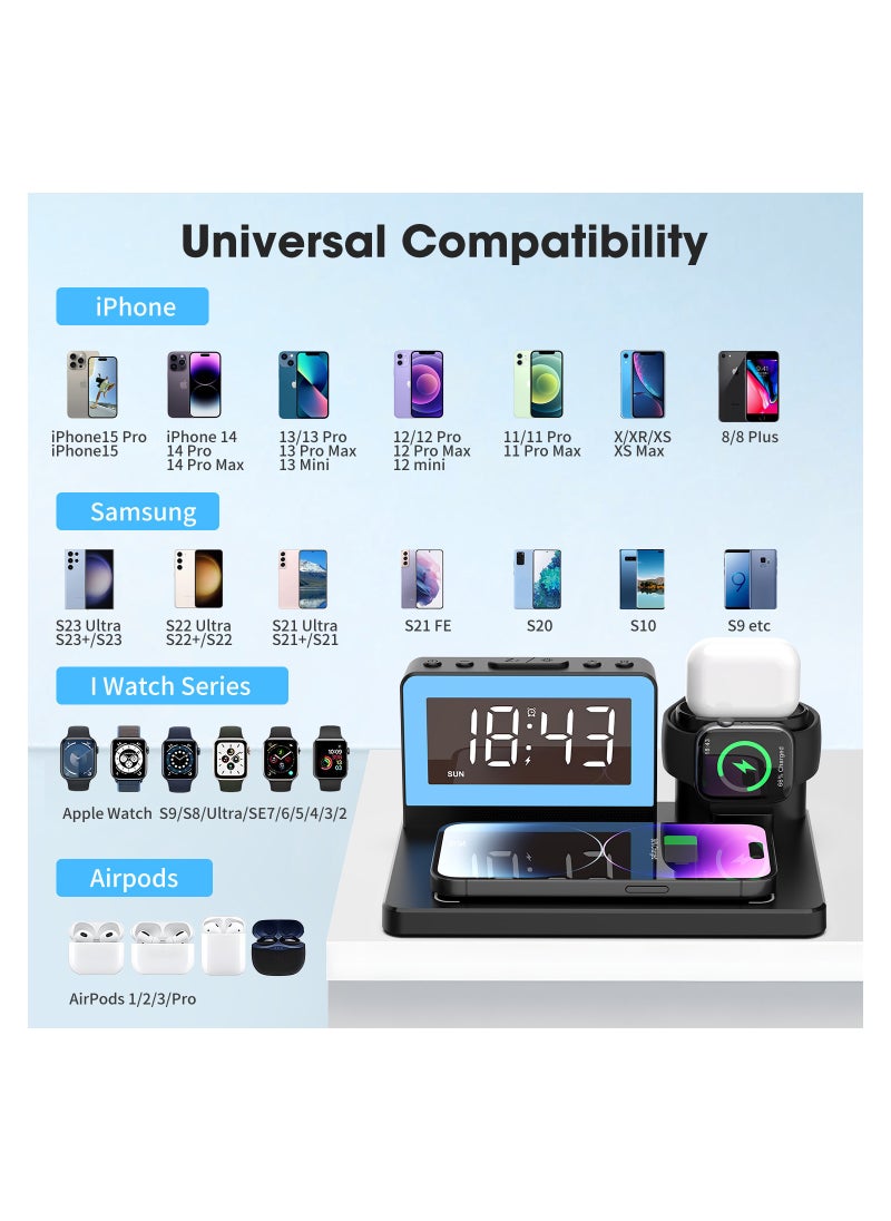 SYOSI - Wireless Charging Station, 5 in 1 Wireless Charging Dock with Alarm Clock and 7 Color Night Light, 15W Fast Charger for iPhone15/14/13/12/11/X Series for Samsung Phone for Apple Watch for - Image 1