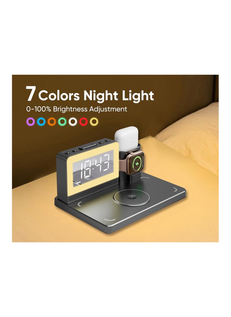 SYOSI - Wireless Charging Station, 5 in 1 Wireless Charging Dock with Alarm Clock and 7 Color Night Light, 15W Fast Charger for iPhone15/14/13/12/11/X Series for Samsung Phone for Apple Watch for - Image 1
