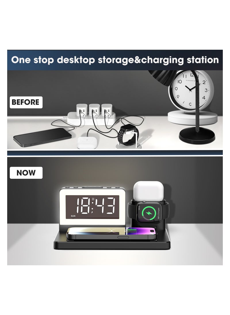 SYOSI - Wireless Charging Station, 5 in 1 Wireless Charging Dock with Alarm Clock and 7 Color Night Light, 15W Fast Charger for iPhone15/14/13/12/11/X Series for Samsung Phone for Apple Watch for - Image 1