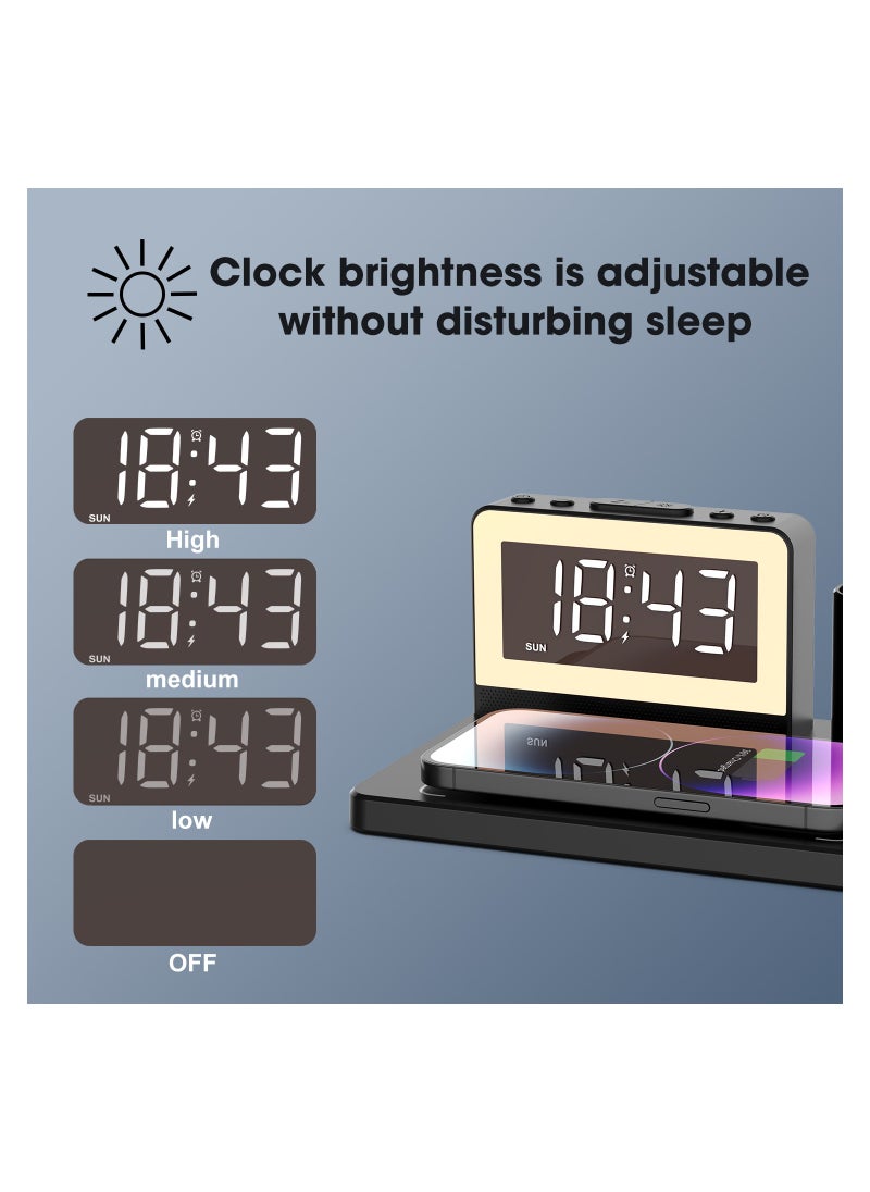 SYOSI - Wireless Charging Station, 5 in 1 Wireless Charging Dock with Alarm Clock and 7 Color Night Light, 15W Fast Charger for iPhone15/14/13/12/11/X Series for Samsung Phone for Apple Watch for - Image 1