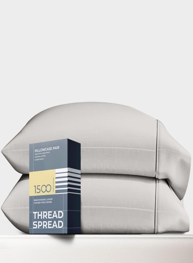 THREAD SPREAD أغطية وسائد قطنية مصرية 100% من Thread Spread، مقاس كينج، طقم من قطعتين - أغطية وسائد فاخرة بنسيج ساتان، 1500 خيط، لون رمادي فاتح، ناعمة كالحرير، ذات ألياف طويلة للغاية، تناسب وسائد مقاس كينج. - Image 1