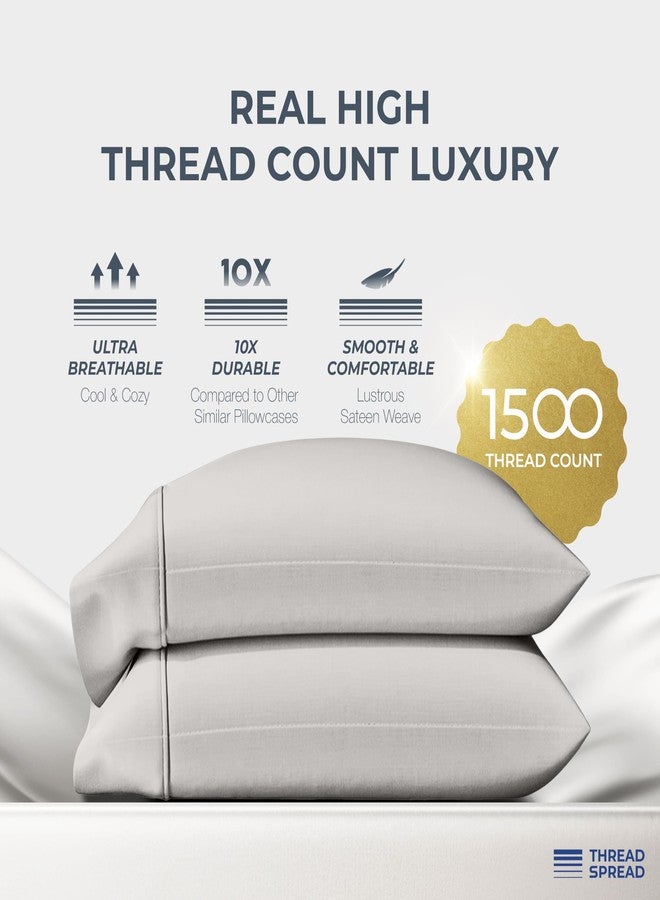 THREAD SPREAD أغطية وسائد قطنية مصرية 100% من Thread Spread، مقاس كينج، طقم من قطعتين - أغطية وسائد فاخرة بنسيج ساتان، 1500 خيط، لون رمادي فاتح، ناعمة كالحرير، ذات ألياف طويلة للغاية، تناسب وسائد مقاس كينج. - Image 2
