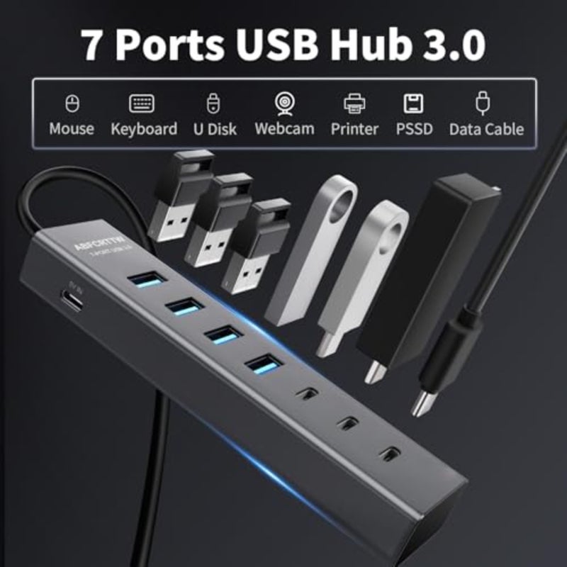 4Feet 7-Port USB Hub 3.0 for Desktop, 4 USB-A and 3 USB-C Ports Aluminium 5Gbps USB Extender Hub, USB Splitter, USB Hub Long Cable for Desktop, PC, Flash Drive, Mobile HDD SSD, Windows/XPS - Image 4