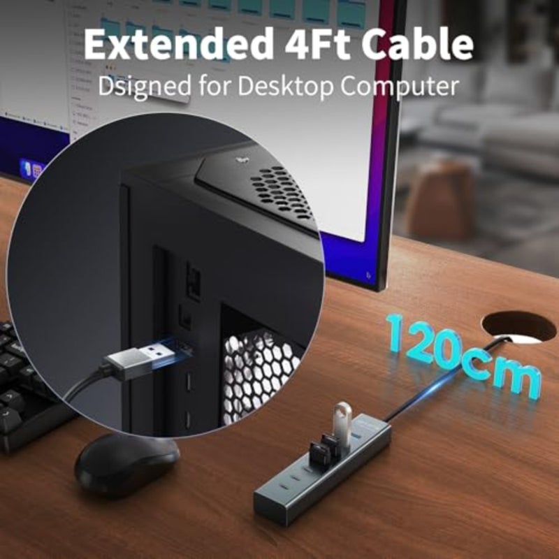 4Feet 7-Port USB Hub 3.0 for Desktop, 4 USB-A and 3 USB-C Ports Aluminium 5Gbps USB Extender Hub, USB Splitter, USB Hub Long Cable for Desktop, PC, Flash Drive, Mobile HDD SSD, Windows/XPS - Image 3