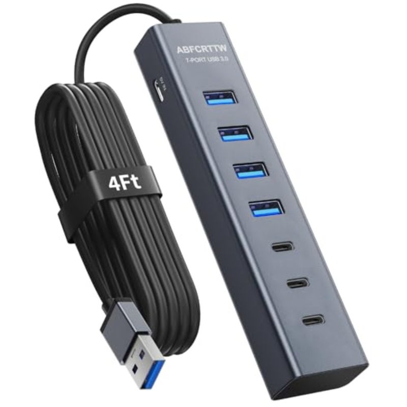 4Feet 7-Port USB Hub 3.0 for Desktop, 4 USB-A and 3 USB-C Ports Aluminium 5Gbps USB Extender Hub, USB Splitter, USB Hub Long Cable for Desktop, PC, Flash Drive, Mobile HDD SSD, Windows/XPS - Image 1