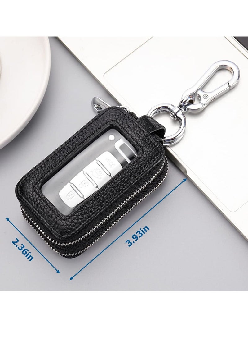 SYOSI Car Key Fob Case, Genuine Leather Car Smart Key with Lanyard and Zipper Closure, Key Protection Cover for Men Women Fob Holder for Remote Key Fob(Black) - Image 2