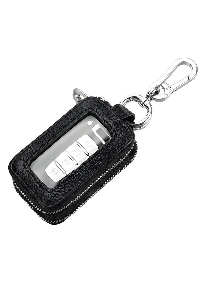 SYOSI Car Key Fob Case, Genuine Leather Car Smart Key with Lanyard and Zipper Closure, Key Protection Cover for Men Women Fob Holder for Remote Key Fob(Black) - Image 1
