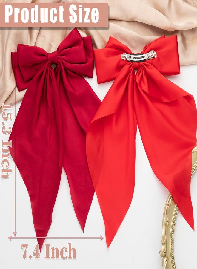 Seneeel Hair Bows 2 PCS, Ribbon Bow for Women, Hair Ribbons, Oversized Long-tail Cute Aesthetic Hair Accessories, Large Hair Barrettes for Women, Big Bows for Girls (Bright red wine red) - Image 2