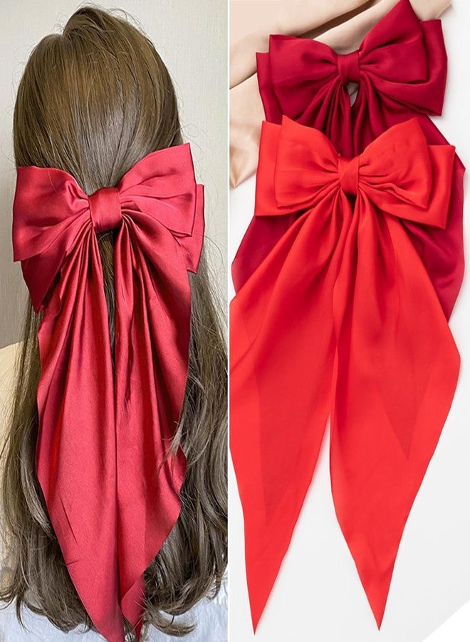 Seneeel Hair Bows 2 PCS, Ribbon Bow for Women, Hair Ribbons, Oversized Long-tail Cute Aesthetic Hair Accessories, Large Hair Barrettes for Women, Big Bows for Girls (Bright red wine red) - Image 1