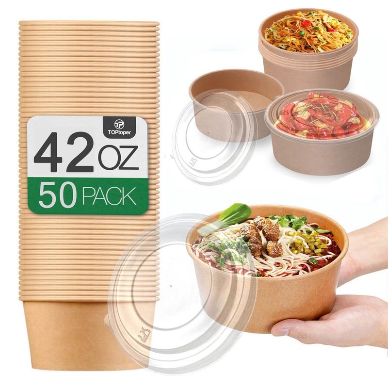 TOPtoper 42Oz 50Pcs Large Paper Bowls with Lids, Disposable Soup Serving Bowls Bulk Party Supplies for Hot/Cold Food, Soup (42 OZ) - Image 1