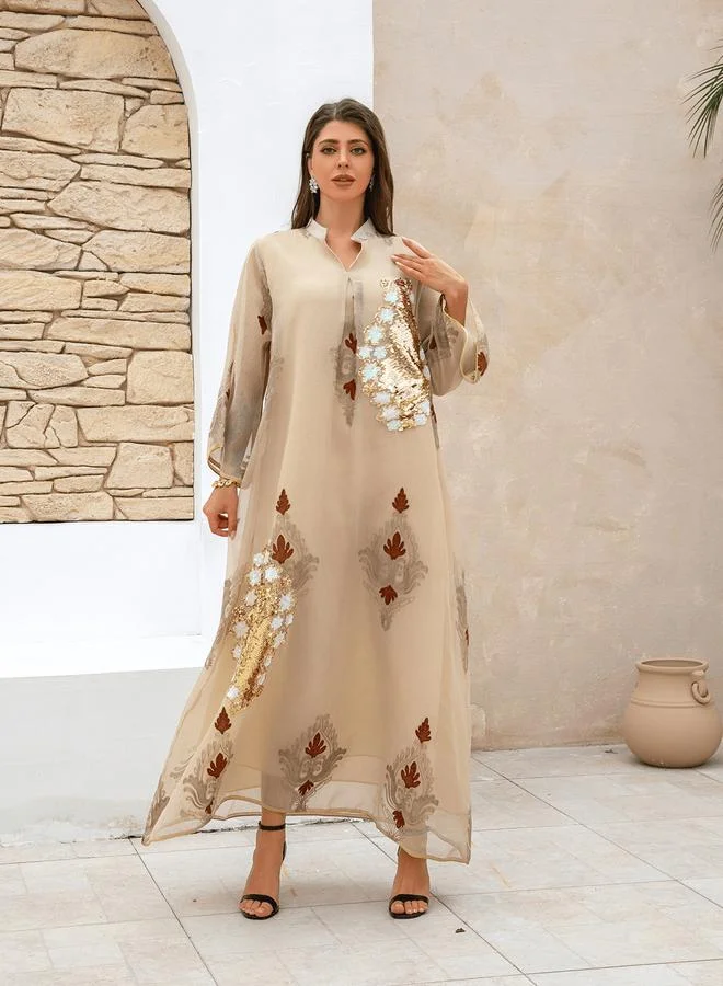 Take Two Beige Maxi Jalabiya with Sequin and Print Embellishments