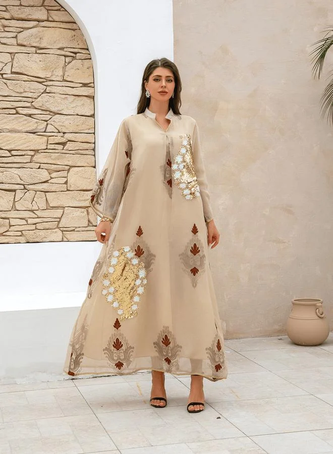 Take Two Beige Maxi Jalabiya with Sequin and Print Embellishments