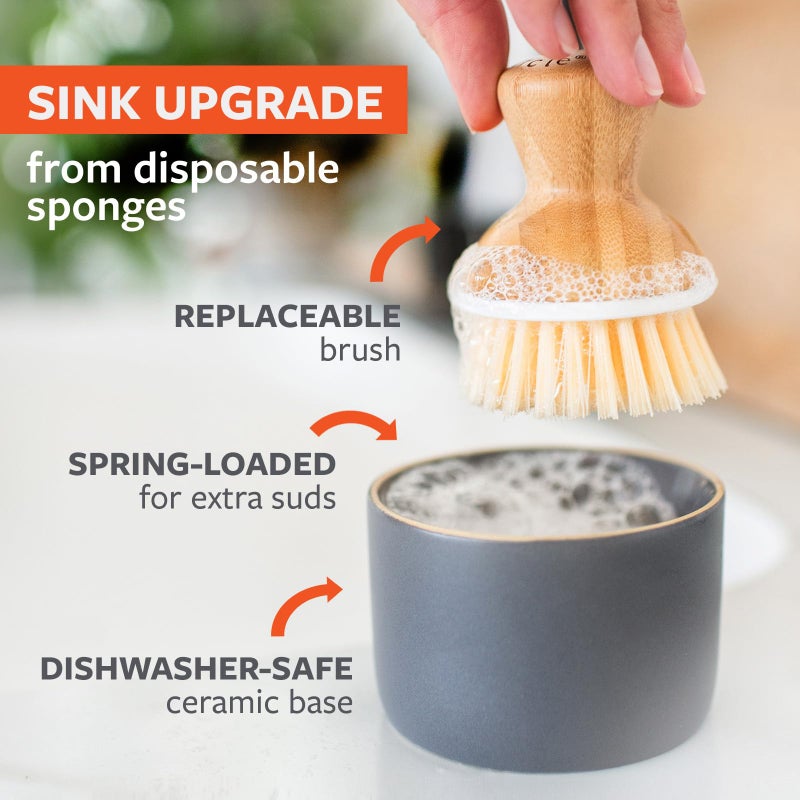Full Circle Bubble Up Bamboo Dish Brush & Ceramic Soap Dispenser-Family Safe, Formaldehyde-Free-Kitchen Scrub Brush for Dishes, Nonstick & Cast Iron,Gray - Image 3