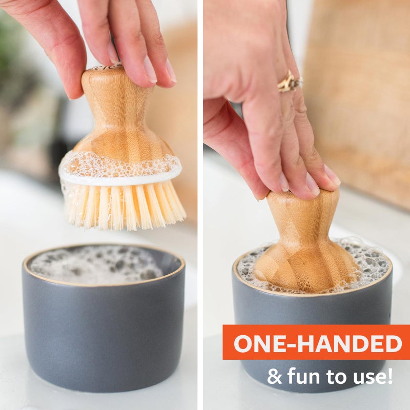 Full Circle Bubble Up Bamboo Dish Brush & Ceramic Soap Dispenser-Family Safe, Formaldehyde-Free-Kitchen Scrub Brush for Dishes, Nonstick & Cast Iron,Gray - Image 4