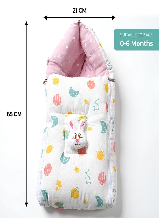 VOIDROP Baby Sleeping Bag Soft Plush Newborn Carry Nest with Hood and Zipper Warm Infant Wrapper for Winter, Travel, Stroller & Home Use Bunny Design, Comfortable for Boys & Girls (White Pink) - Image 3