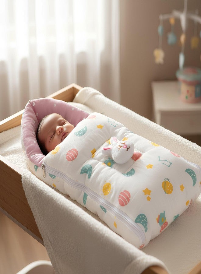 VOIDROP Baby Sleeping Bag Soft Plush Newborn Carry Nest with Hood and Zipper Warm Infant Wrapper for Winter, Travel, Stroller & Home Use Bunny Design, Comfortable for Boys & Girls (White Pink) - Image 2