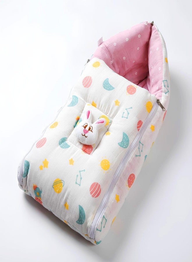 VOIDROP Baby Sleeping Bag Soft Plush Newborn Carry Nest with Hood and Zipper Warm Infant Wrapper for Winter, Travel, Stroller & Home Use Bunny Design, Comfortable for Boys & Girls (White Pink) - Image 1