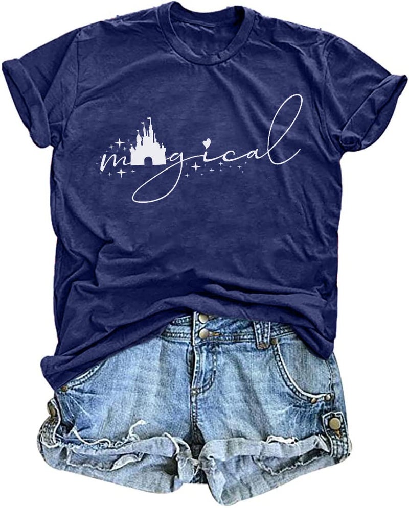UNIQUEONE Magical Shirt for Women Magic Kingdom Tshirt Family Vacation Tee Castle Graphic Short Sleeve Tops Blue - Image 1