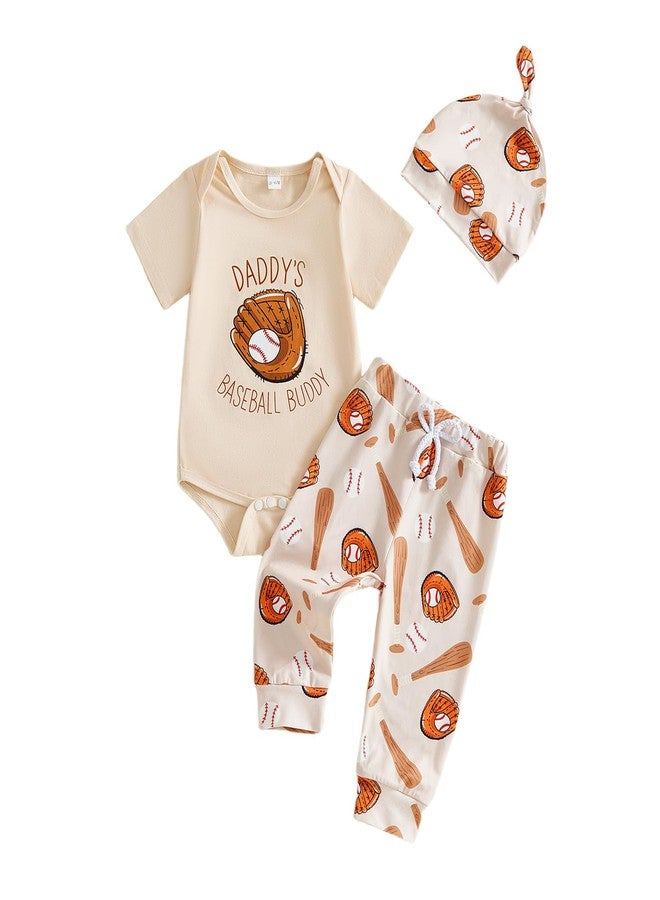 Lenjindjer Baby Boy Baseball Outfits Short Sleeve Daddys Baseball Buddy Romper Long Pants Hat 3pcs Newborn Summer Clothes Set (Khaki, 9-12 Months) - Image 1