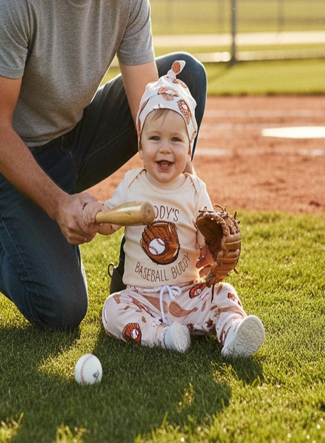 Lenjindjer Baby Boy Baseball Outfits Short Sleeve Daddys Baseball Buddy Romper Long Pants Hat 3pcs Newborn Summer Clothes Set (Khaki, 9-12 Months) - Image 3