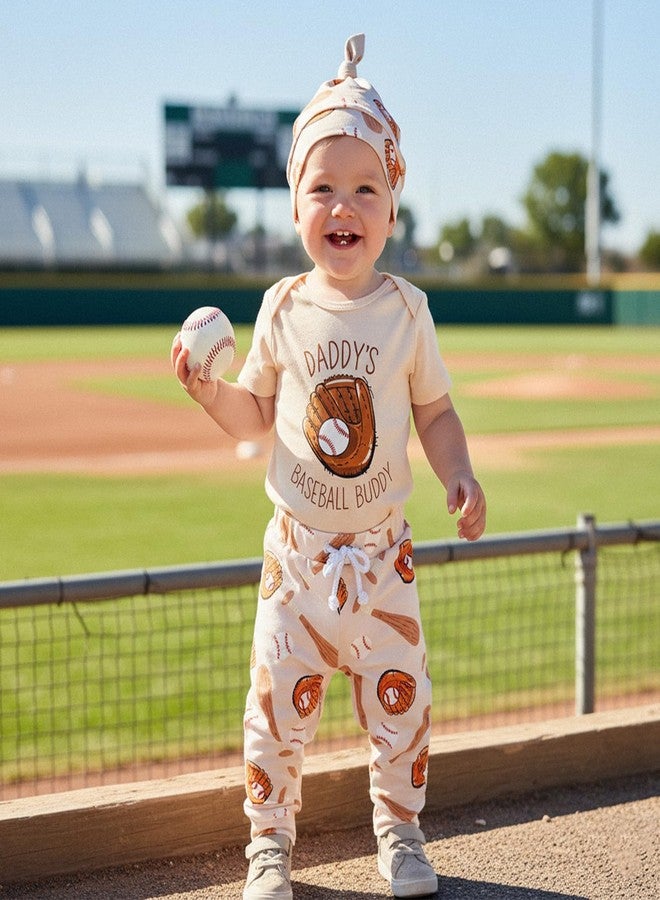 Lenjindjer Baby Boy Baseball Outfits Short Sleeve Daddys Baseball Buddy Romper Long Pants Hat 3pcs Newborn Summer Clothes Set (Khaki, 9-12 Months) - Image 2