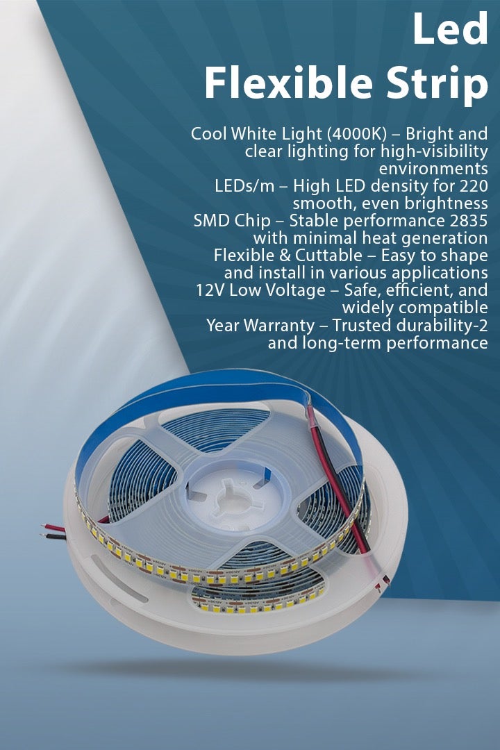 أي ديزاين شريط إضاءة LED – ضوء أبيض طبيعي 4000 كلفن – 220 ليد/متر – شريحة 2835 – رول 5 أمتار – 12 فولت  - Image 2
